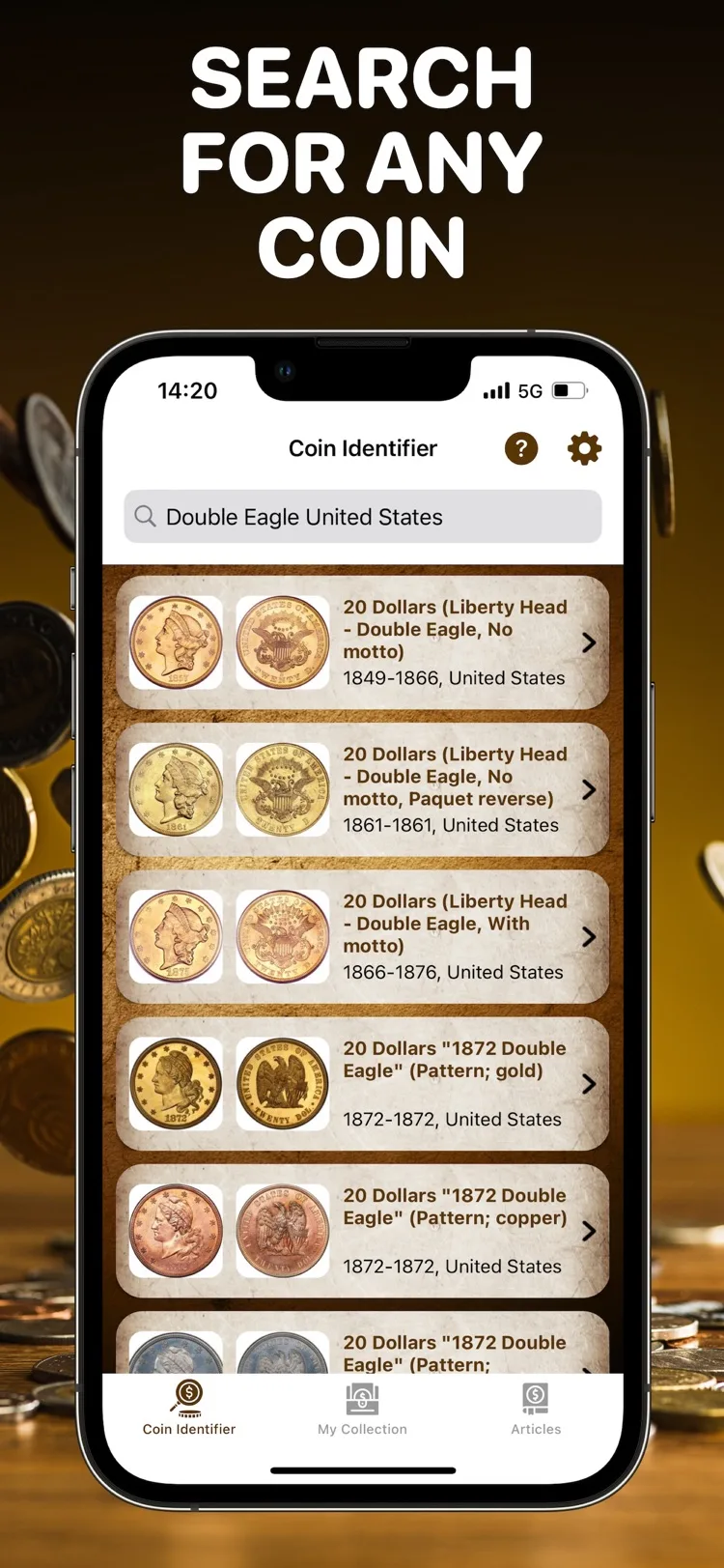 Searching any coin by name in the coin identifier app